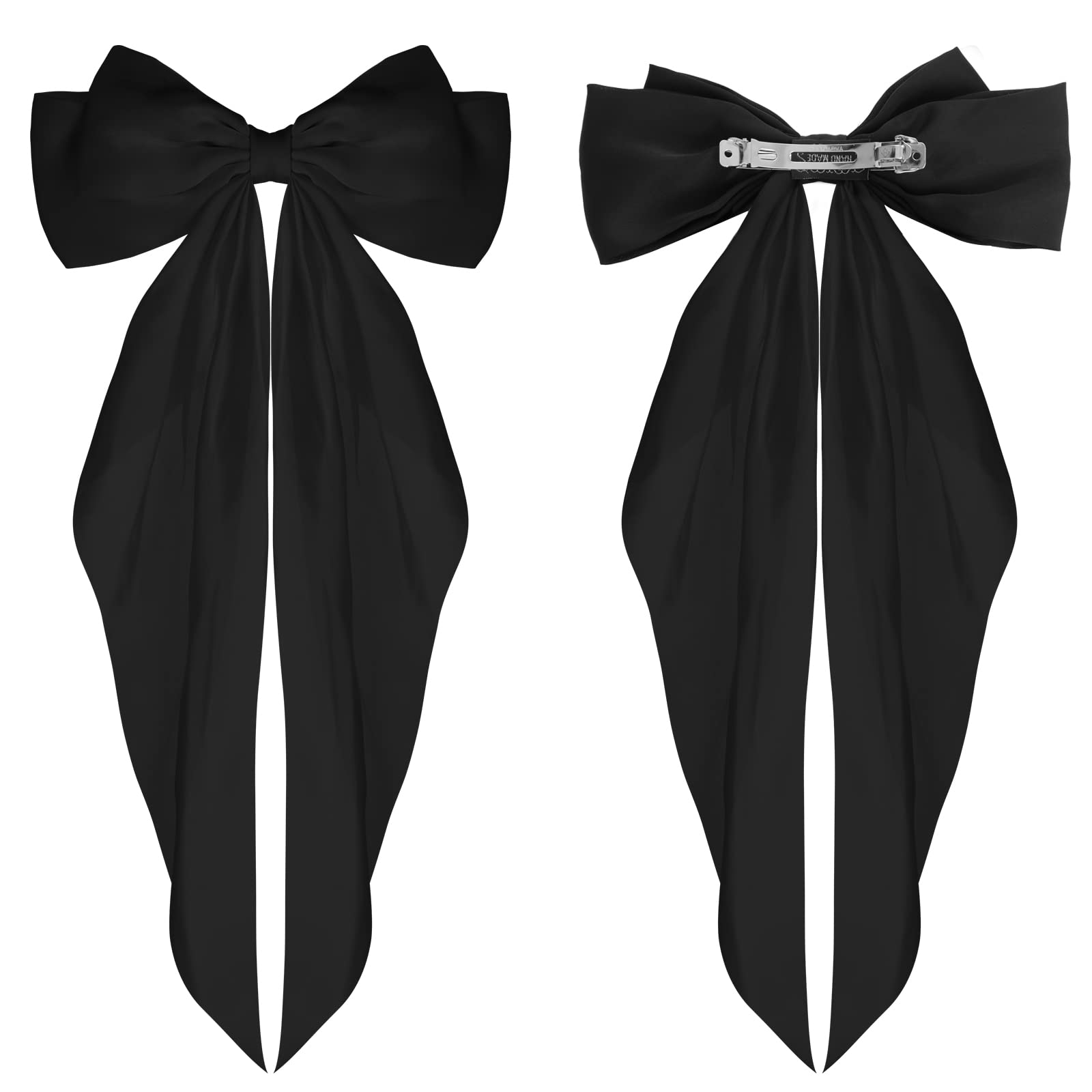 WLLHYF Big Bow Barrettes 2 Pieces Soft Silky Satin Hair Clip Long Tail French Ribbon Hair Pins Metal Bowknot Clips 90's Accessories for Party Valentine's Day Women Girl (Black+Wine red) - Image 4