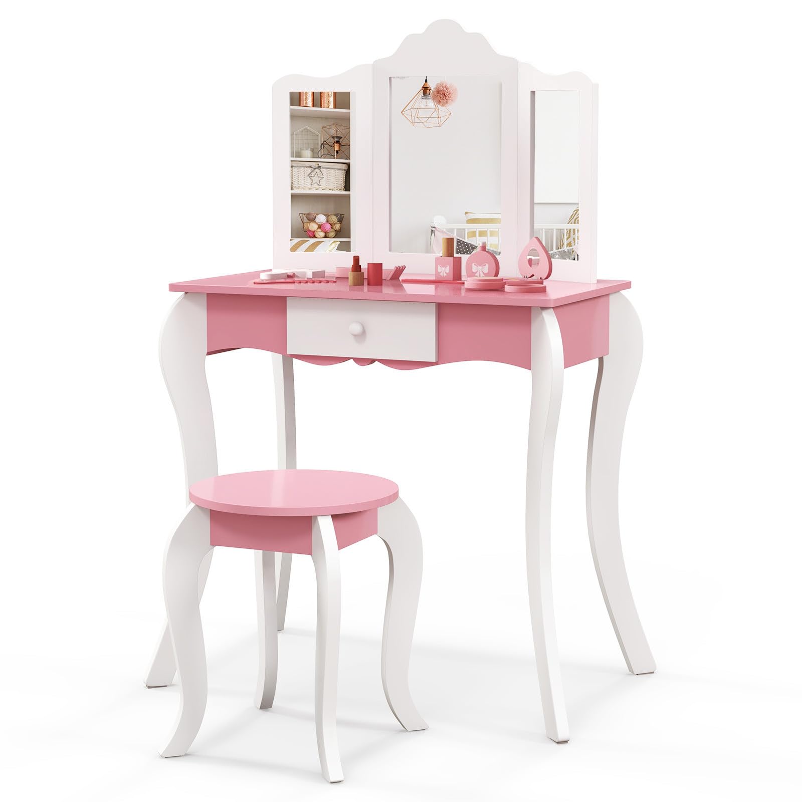GYMAXKids Vanity Table and Stool Set, Wooden Girls Dressing Table with Detachable 3-Panel Mirror, Drawer & Anti-toppling Device, 2 in 1 Children Makeup Dresser for Bedroom