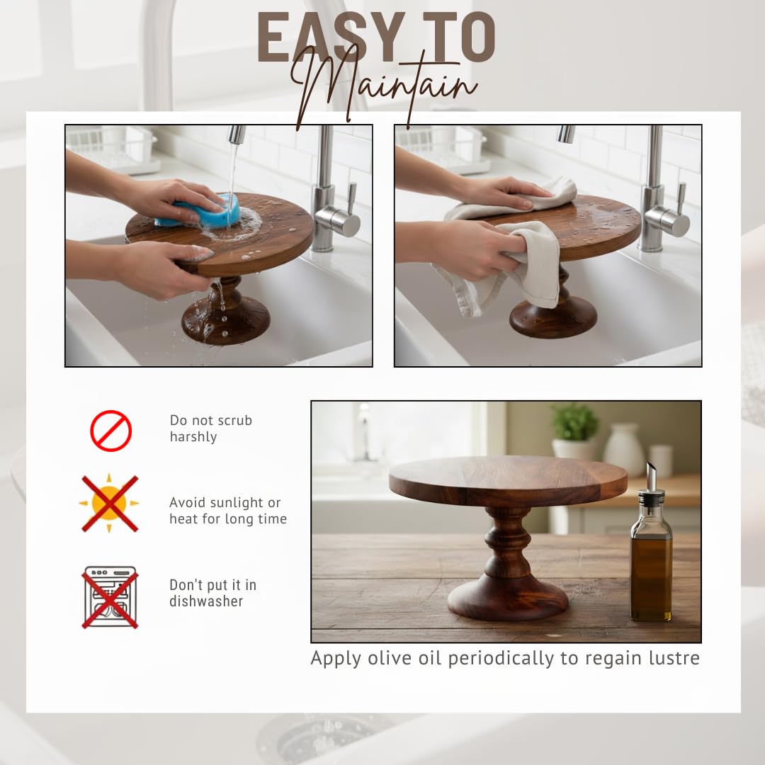 SAAGA Round Birch Wooden Cake Stand | 9 x 5.5 Inch Dessert & Pizza Serving Platter | Premium Tabletop Display Stand β Brown 2