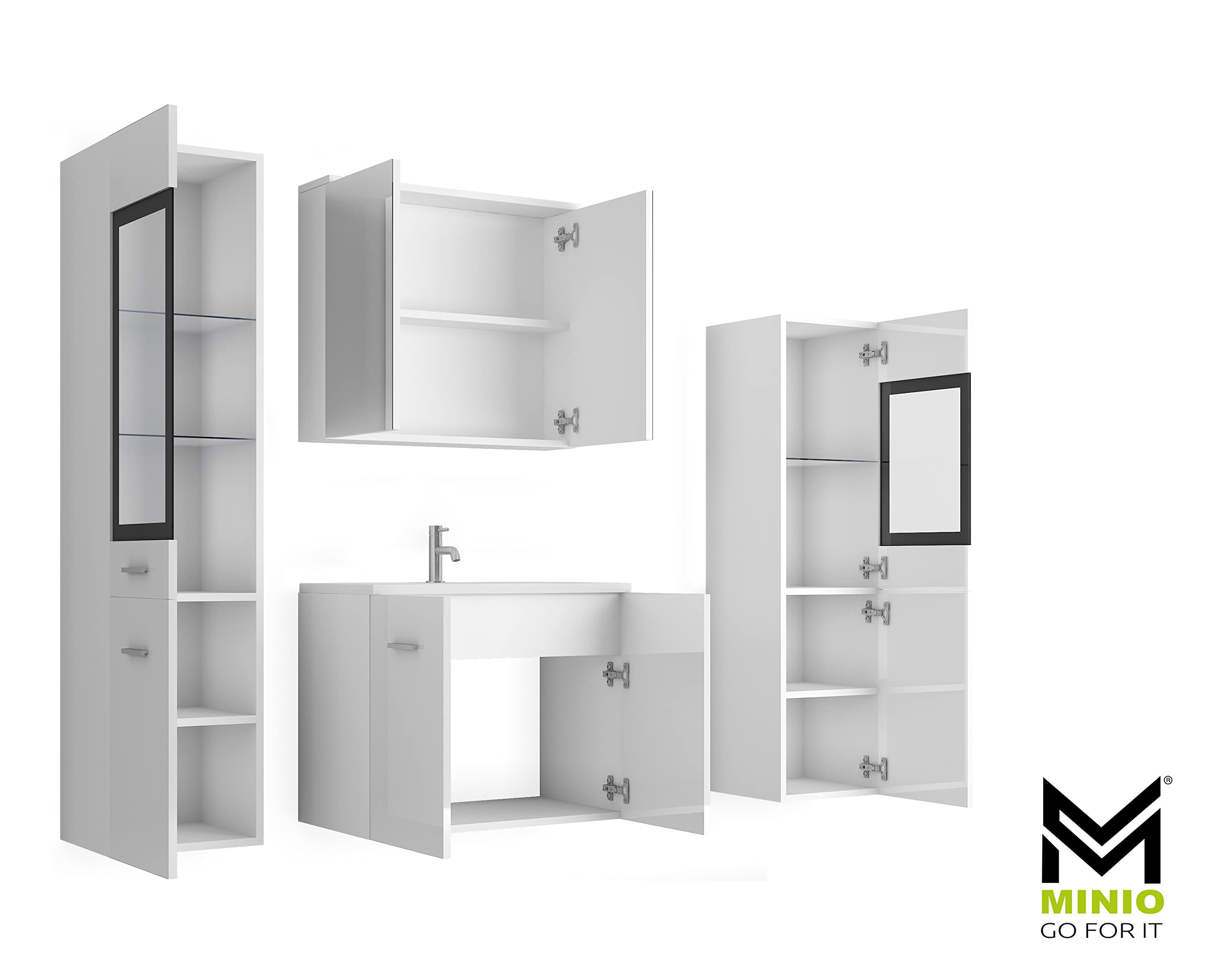 MINIO go for it - Badezimmermöbel Set Marit 2 Wandspiegelschrank ohne LED | Schrank mit Waschbecken, Farbe: Weiß Matt / Weiß Hochglanz