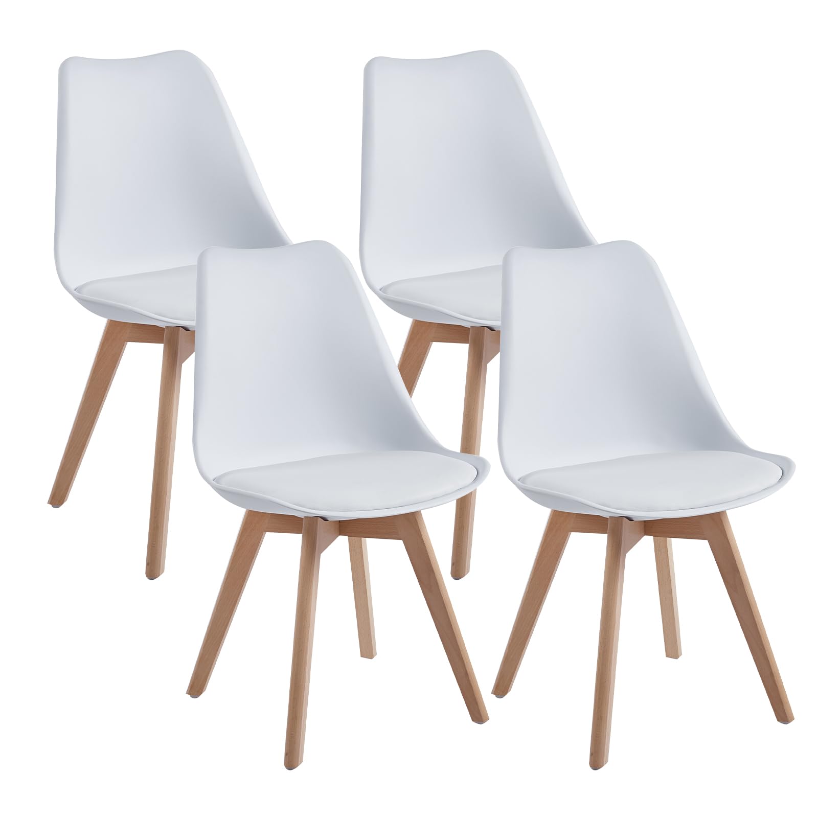 DEWINNER Sillas de Comedor escandinavas, Silla de Oficina Retro, Asiento Acolchado de Haya Maciza (Blanco, Juego de 4)