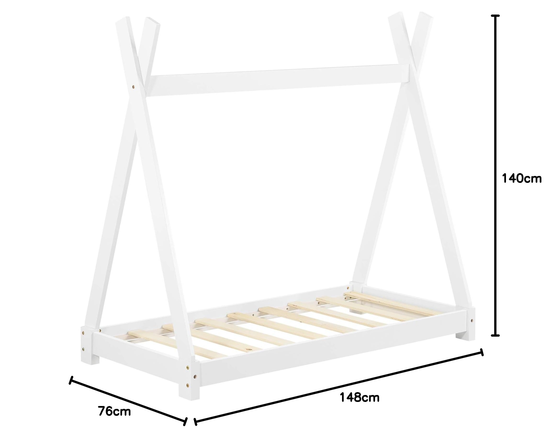 [en.casa] Kinderbett Onejda in Tipi-Design Bodenbett Jugendbett aus Kiefernholz Weiß 70 x 140 cm