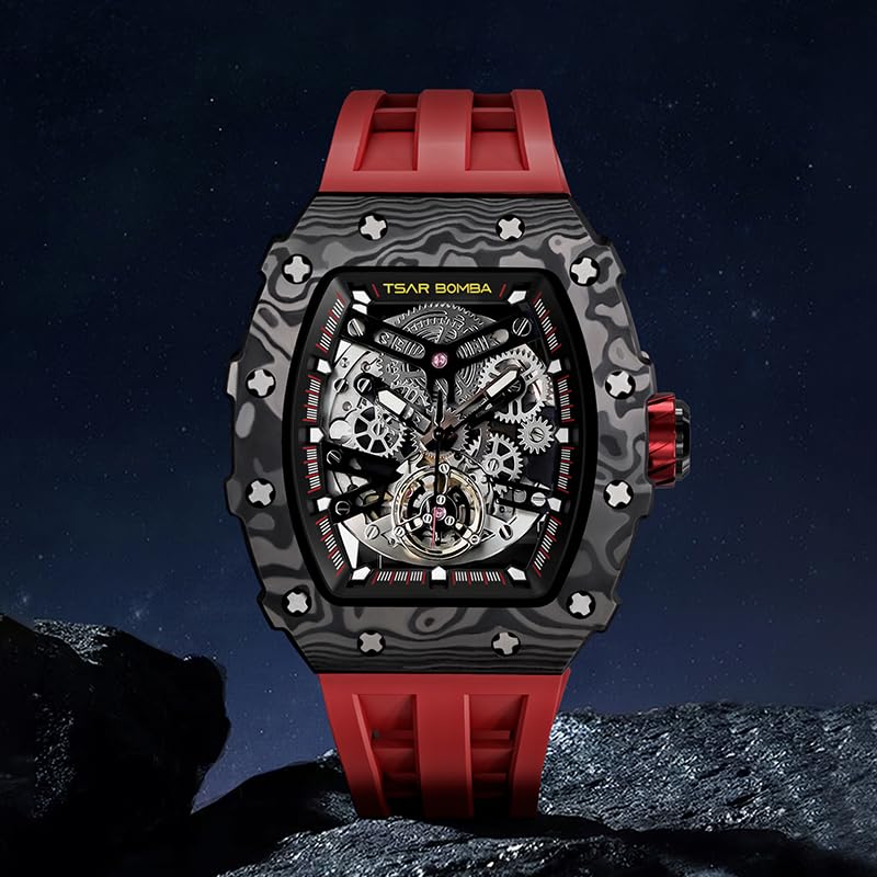 Image of TSAR BOMBA Automatic Watches for Men,50M Waterproof Men's Watch,Luxury Mechanical Skeleton Analog Watch,Silicone Watch Bands Carbon Fiber Case Black Watch,Gifts for Men Business Casual