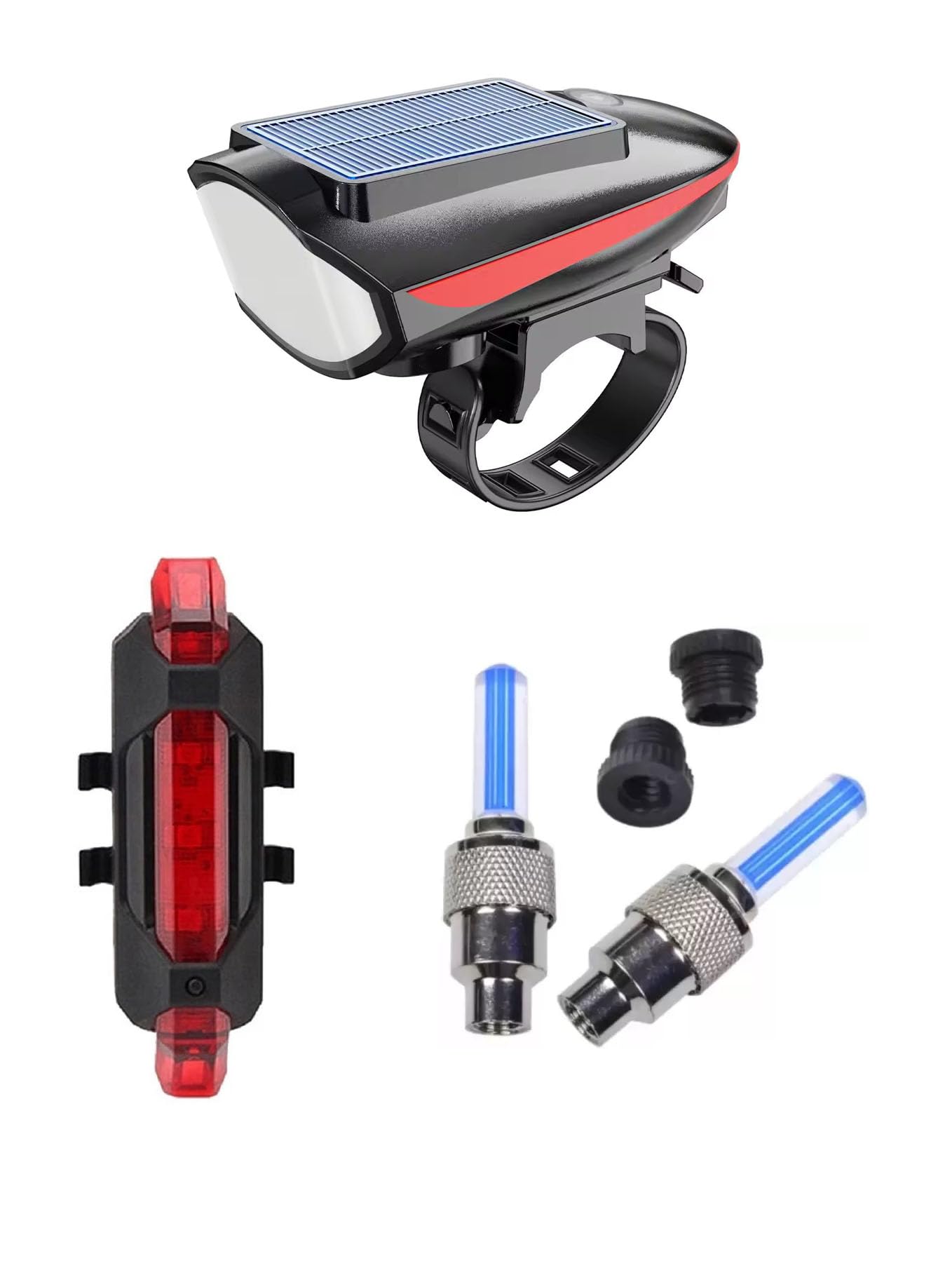 ABC AMOL BICYCLE COMPONENTS Rechargeable Cycle Solar Front, Rear & Valve Light and with Horn Waterproof Cycle Light (Multicolor) (Red)