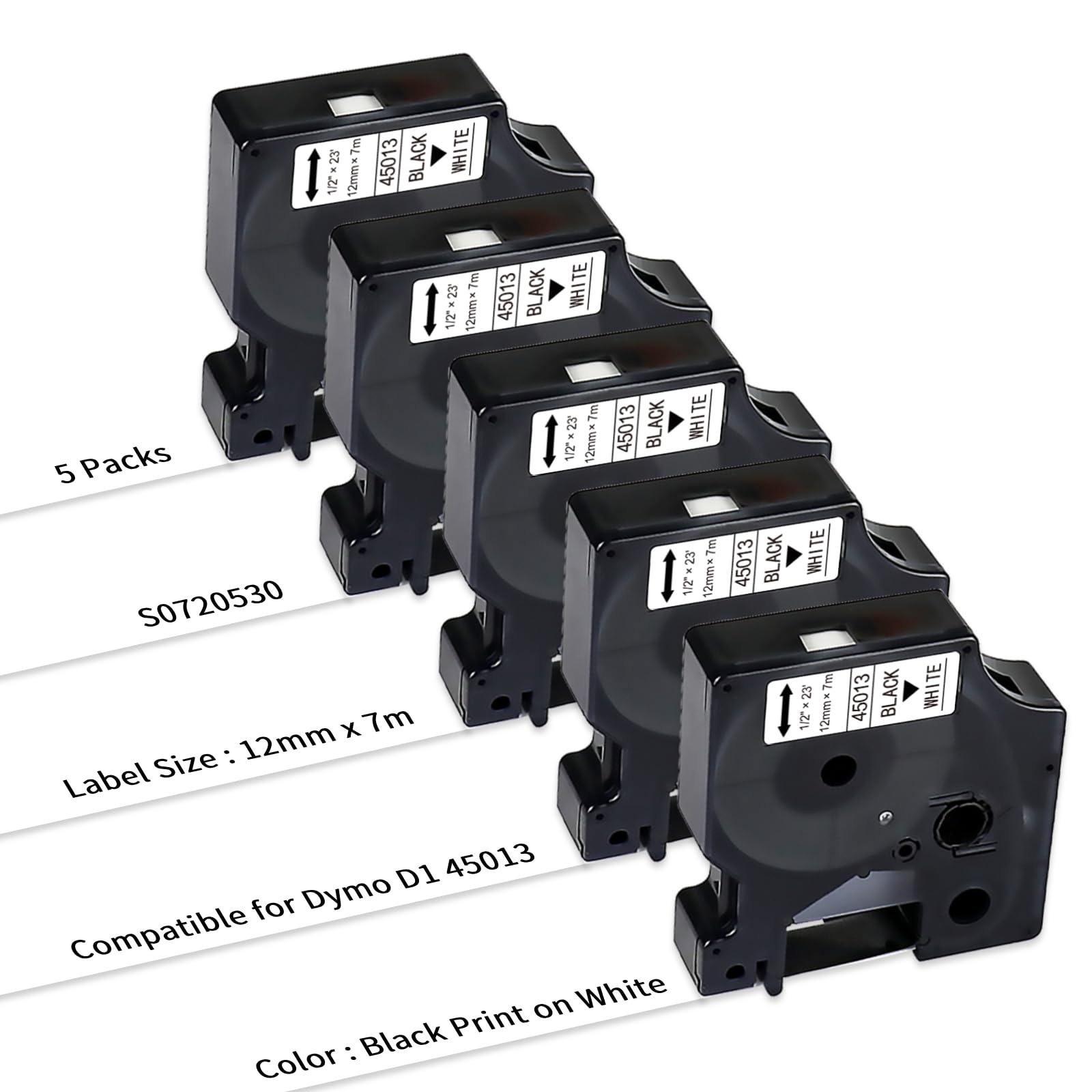UNOKA 5X Compatible with Dymo D1 Label Tapes 45013s 45013, Black on White, 12mm x 7m S0720530 Label Cassettes Replacement for Dymo LabelManager 160 280 210D 360D 420P 500TS