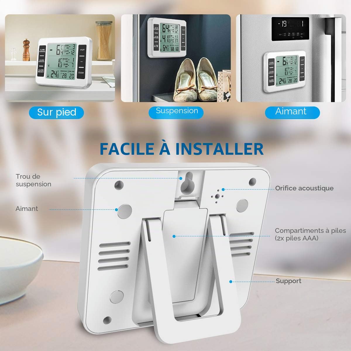 Brifit Thermomètre Frigo Connecté - Alarme Congélateur, Intérieur/Extérieur Sans Fil avec 2 Capteurs, MIN/MAX et Alarme Température pour Maison