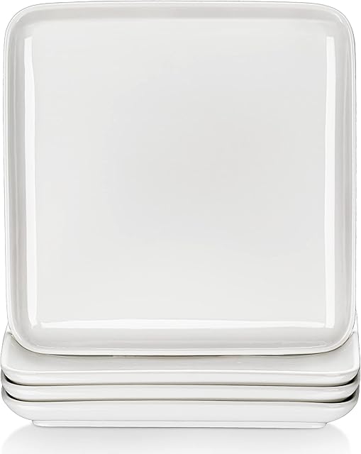 MALACASA, Series Ivy, 4-Piece 10" Dinner Plate Square Ivory White China Porcelain Dinner Plate Dishes (25.8 * 25.8 * 3cm)