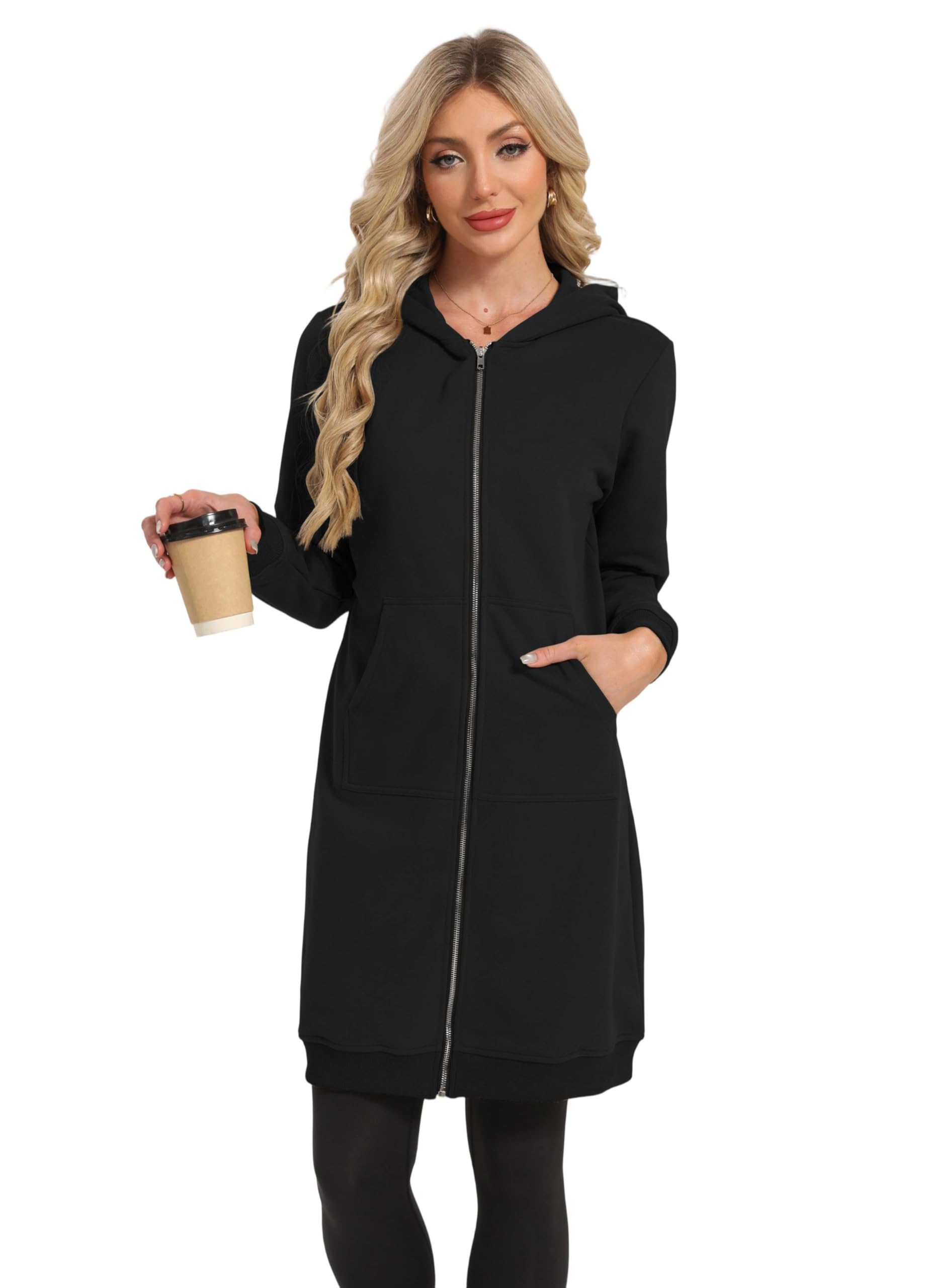 Timuspo Veste à capuche longue pour femme - Douce et ample - Couleur unie - Fermeture éclair - Sweat à capuche surdimensionné et chaud - Avec poches