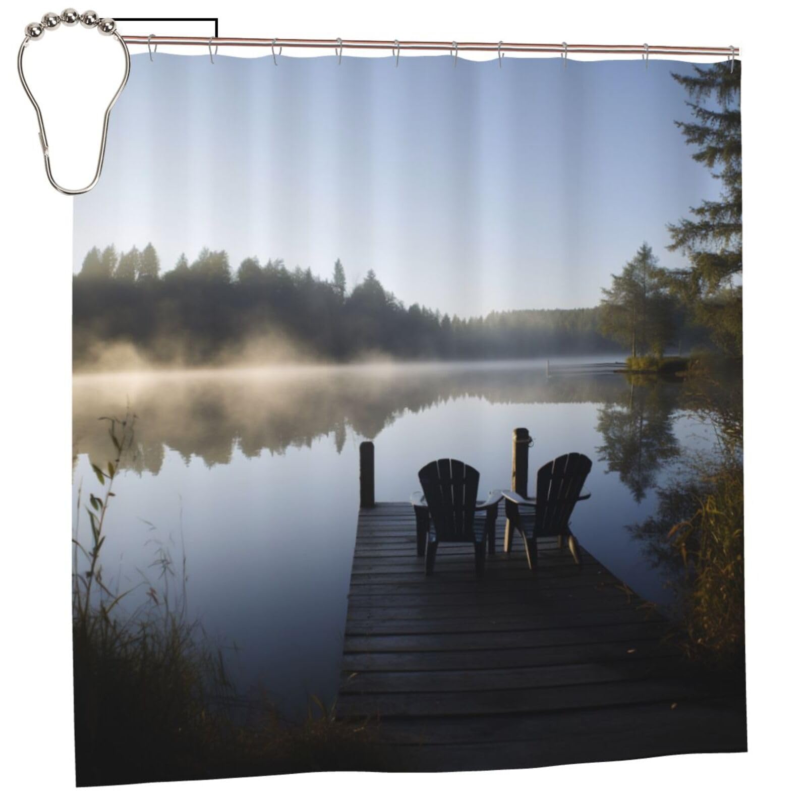 BWWHCCTI morning at the lake Printed Shower Curtain With 12 Iron Hooks Opaque Quick Drying Waterproof Shower Curtains Sets For Bathroom 183x183 CM