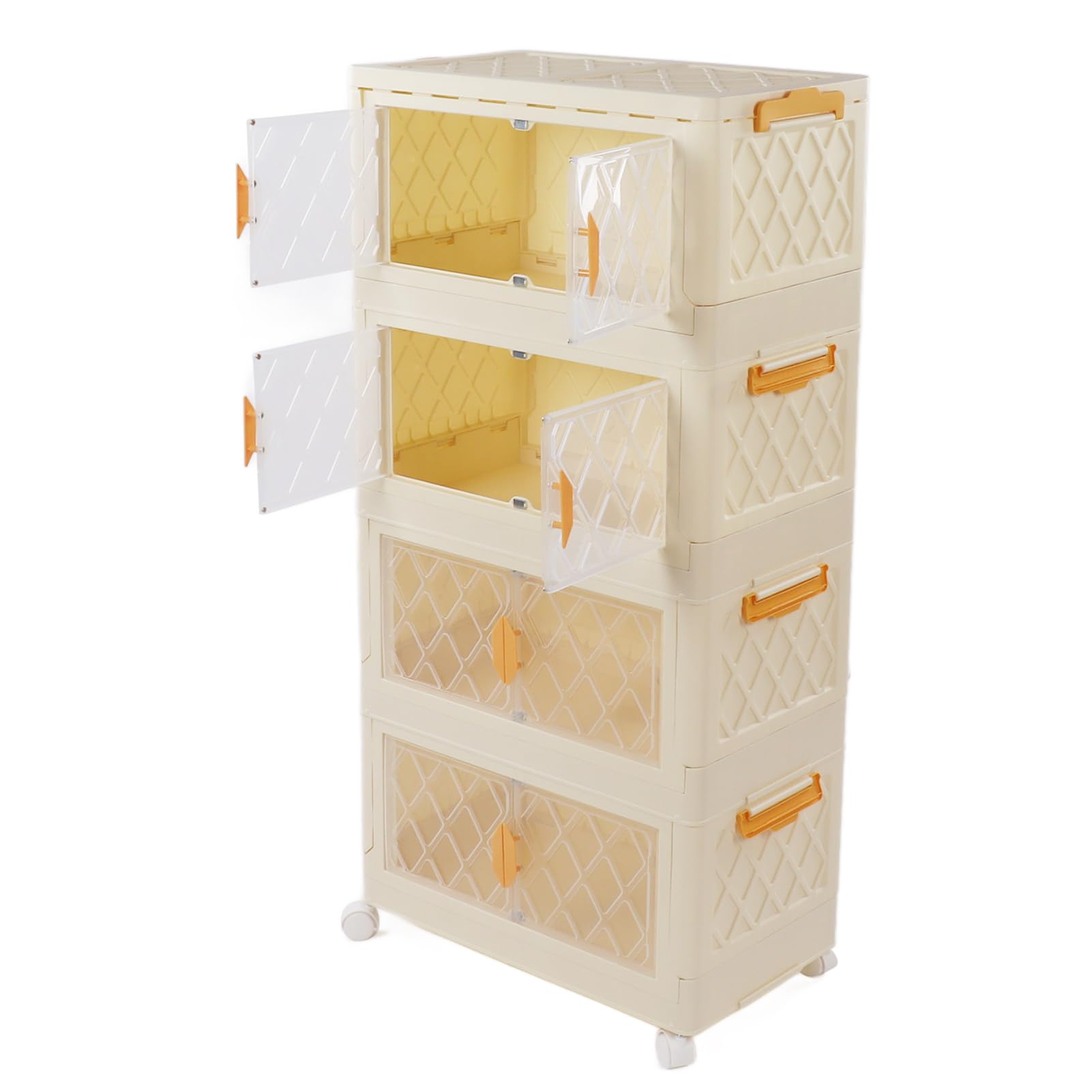 Bewinner Collapsible Stackable Storage Bins Multifunctional, Large Foldable Storage Cabinet with Lids Wheels, Double Open Plastic Dustproof Storage Box for Living Room Dorm (4 Tier