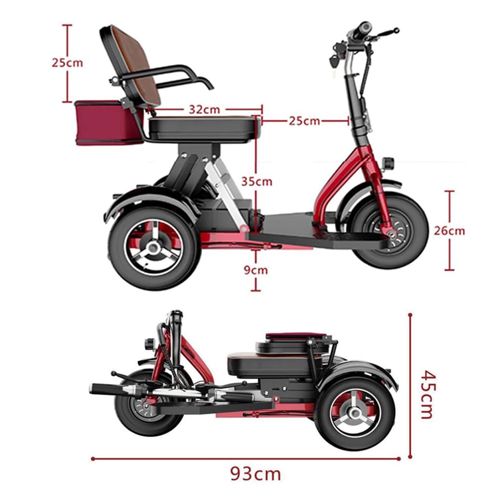 Scooter Elettrico a 3 Ruote Pieghevole Compatto Ausilio Mobilità Portatile con Caricabatterie Sedile Comodo Cestino per Anziani Disabili