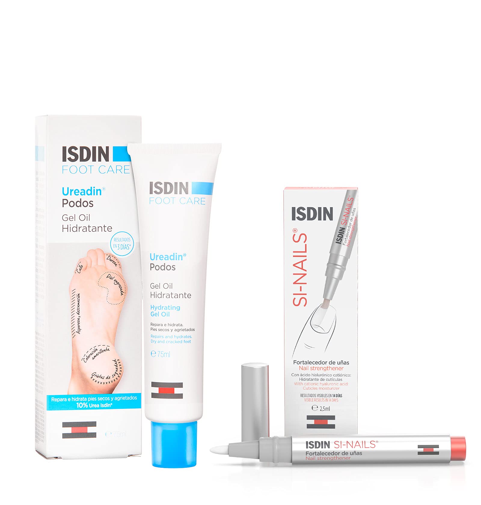 ISDIN Ureadin Podos Feuchtigkeitsspendendes Gel-Oil für die Fußpflege, Spendet Feuchtigkeit und beseitigt spröde und raue Stellen an den Füßen, 75 ml + SI-NAILS Nagelstärker für gesunde Nägel