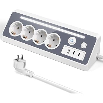 Desktop Power Strip 4-Way Multiple Socket with USB and 2 Type-C 16 A 3680 W Corner Socket with 2 Switches Distributor Socket Surge Protection with LED Multiple Plug for Kitchen Office