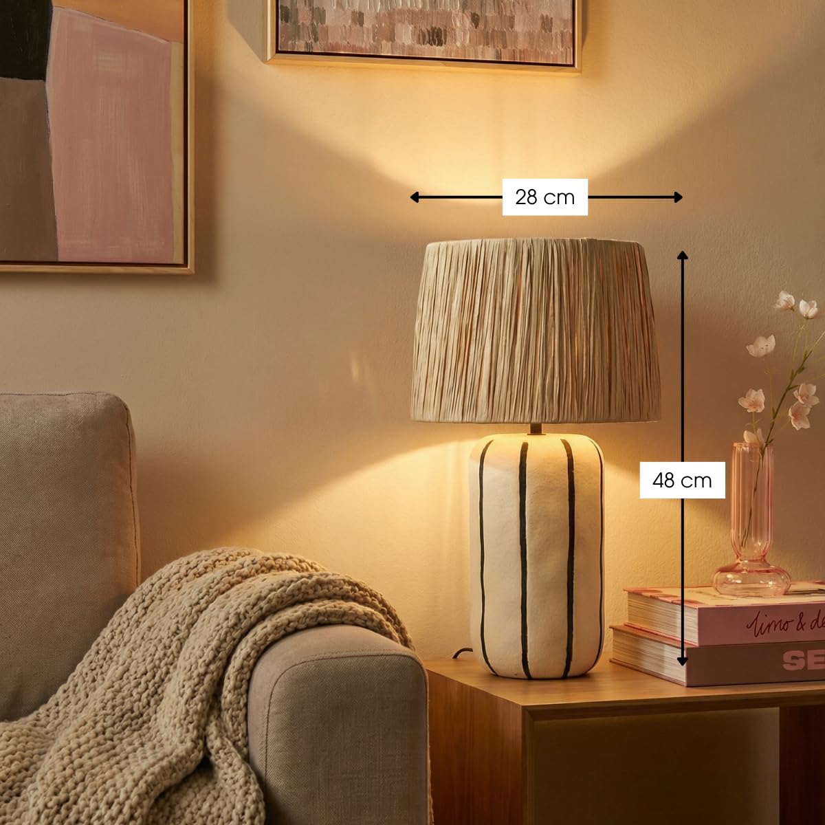 MICA Decorations Denton Tischlampe Wohnzimmer - Lampe mit Lampenschirm - Lampe Wohnzimmer Deko - 48 x ⌀28 cm - Keramik, Metall, Papier - Beige