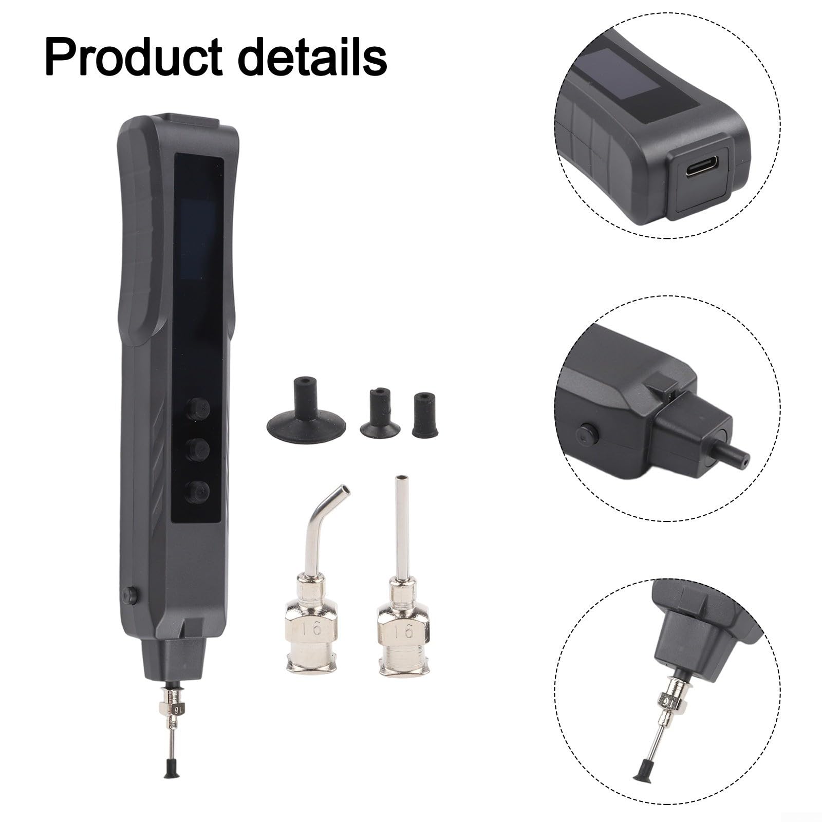 Elektrischer Vakuum-Saugstift mit TFT-Display, ESD-sicherer IC-Chip-Aufnehmer für SMD, leise 40dB Elektronik-Reparatur Werkzeug mit Taschenlampe und Wechselköpfen, schwarz