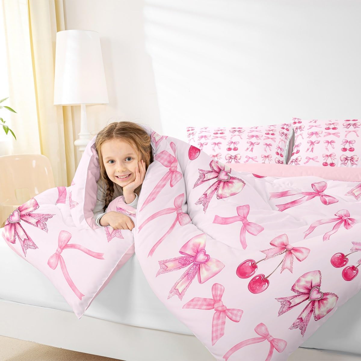 Erosebridal Pink Cherry Bow Comforter Set Cute Silk Ribbon Bowknot Twin Bedding Sets for Girls,Princess Bow Tie Bed Set Dreamy Kawaii Duvet Set,Girly Light Pink Room Decor Aesthetic