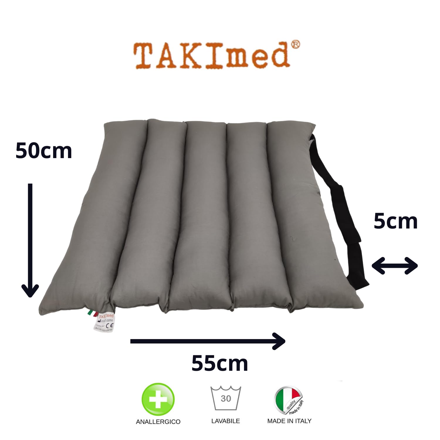 TAKIMED Cojín Ortopédico Antiescaras de Cinco Secciones con Fibra Hueca Siliconada, para Sillón, Hecho a Mano, Fabricado en Italia, Color Gris
