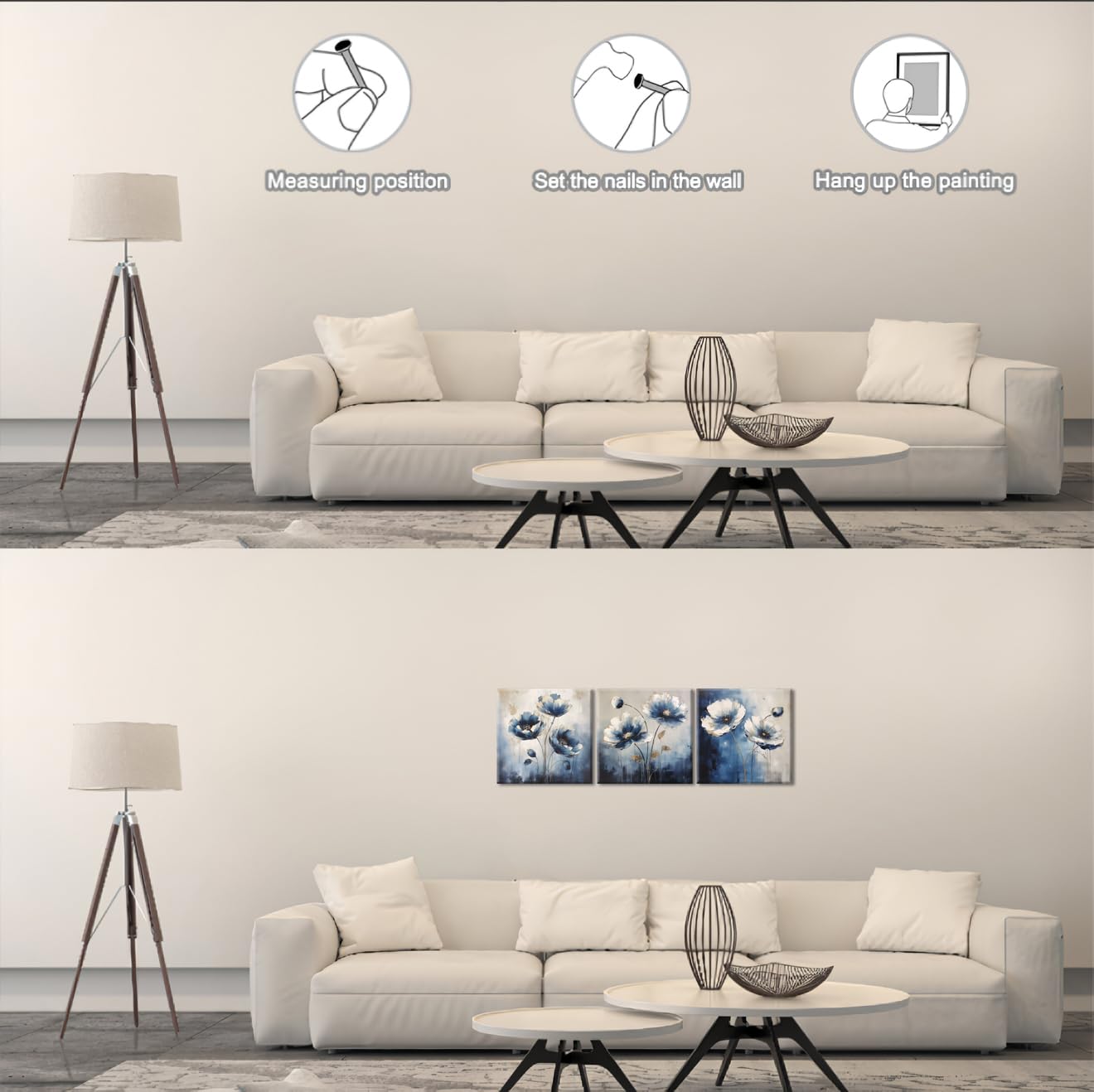 Stampa Su Tela Fiori Blu In Bianco E Nero - Quadro Decorativo 46x31 Cm, Pronto Da Appendere