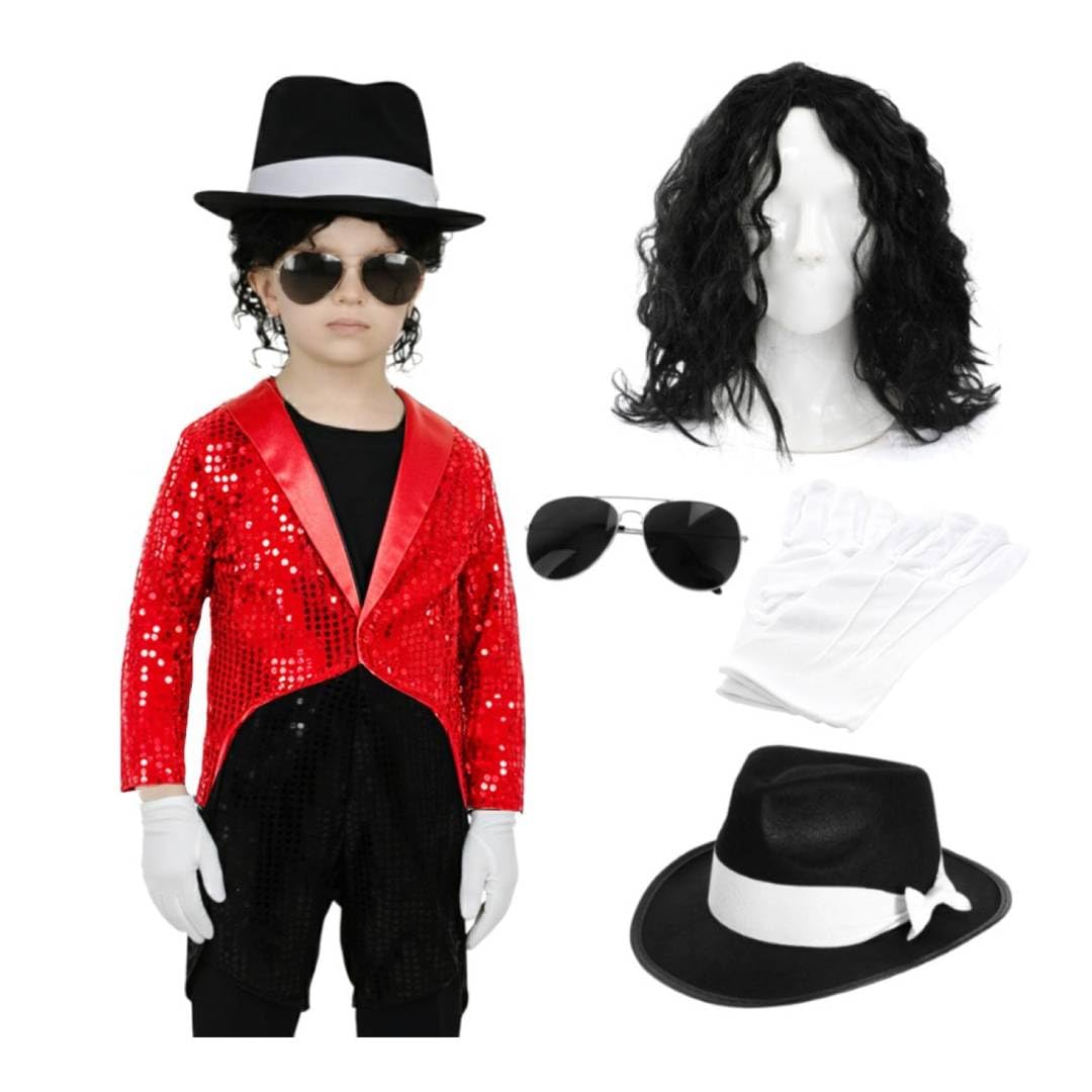 Kids King of Pop Costume - Small - Red Sequin Tailcoat with Black Curly Wig, Fedora, Aviator Sunglasses and Sequin Glove - Boys Girls Pop Star Fancy Dress