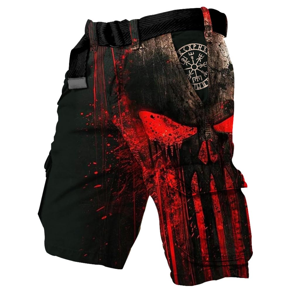 JHBTFQ Viking Hiking Shorts Quick Dry Multi-Pocket 3D Print Cargo/Sports/Work Summer Mens Shorts Nordic Gift(No Belt),Compass Skull,3XL