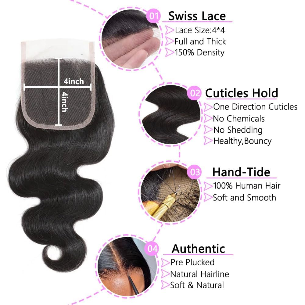 Human Hair Bundles with Closure 22 24 26+20 Zoll 4X4 HD Lace Closure 100% Brazilian Virgin Human Hair 3 Bundles with Closure