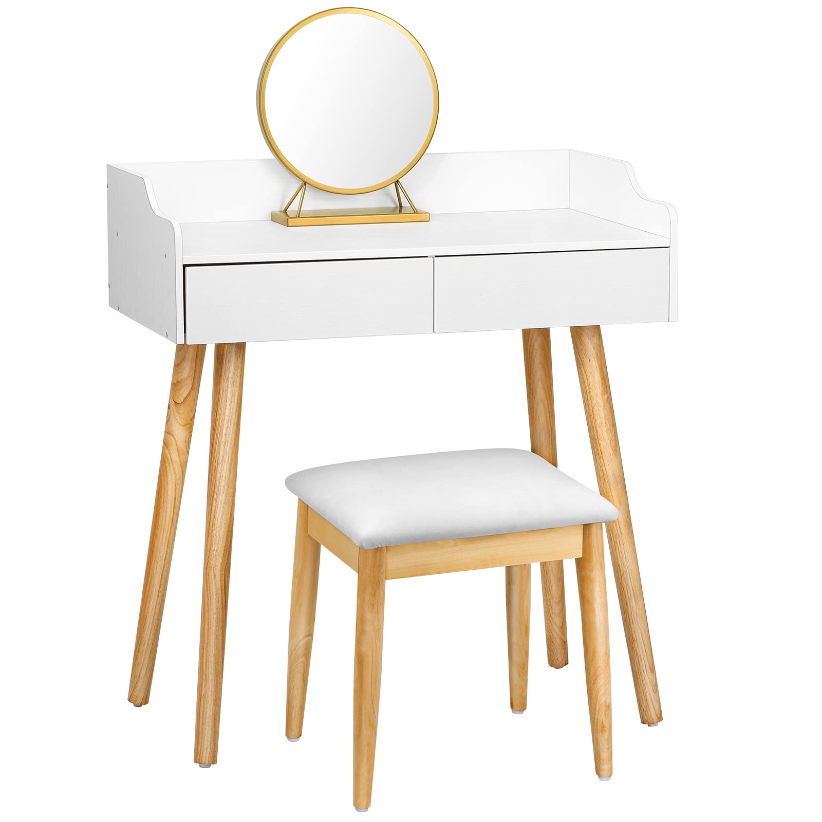 BTY Makeup Vanity Set with Mirror and Cushioned Stool White Vanity Desk