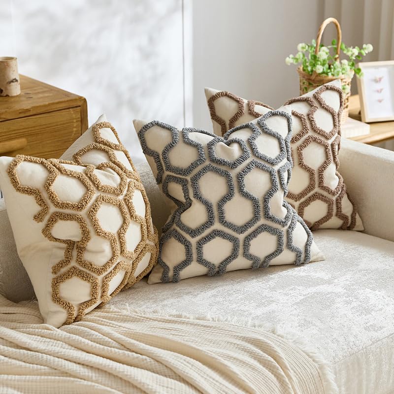 Fundas de cojín 45x45 cm geométricas en crema y marrón con bordado texturizado pack de 2 6