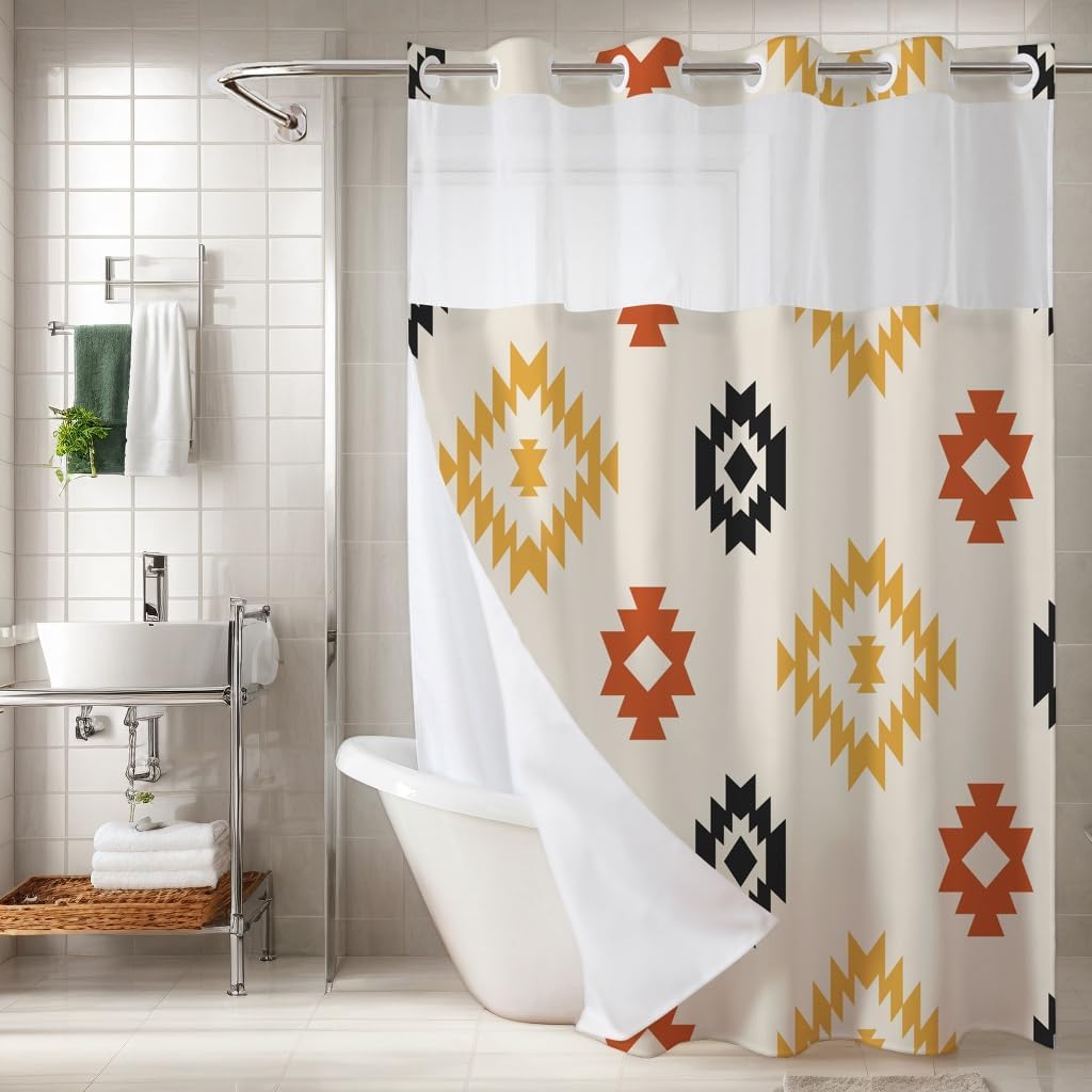 Southwestern No Hook Shower Curtain with Snap in Liner Set, Aztec Geometric Stripes Fabric Shower Curtain Set with Liner, See Through Mesh Top, Boho Western Shower Curtains 71" x 74"
