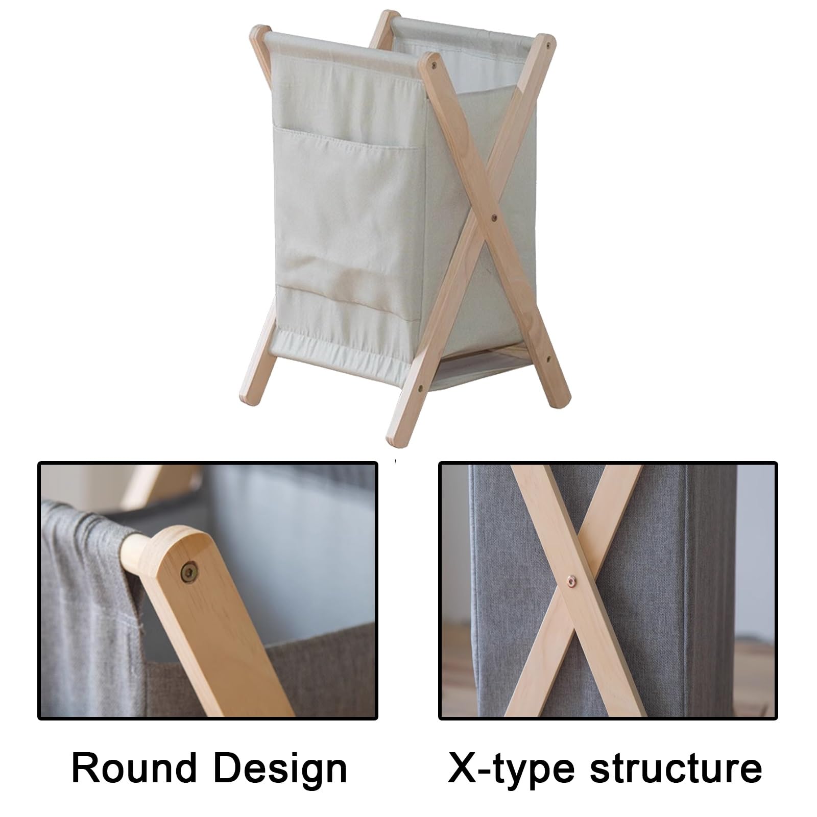 Laundry Basket Plegable Hecha de Madera Maciza, Cesta Ropa Sucia con Bolsa de Almacenamiento en el Lateral, Cestas for la Colada Plegables EE Lino, Resistente y Duradera(Gray)