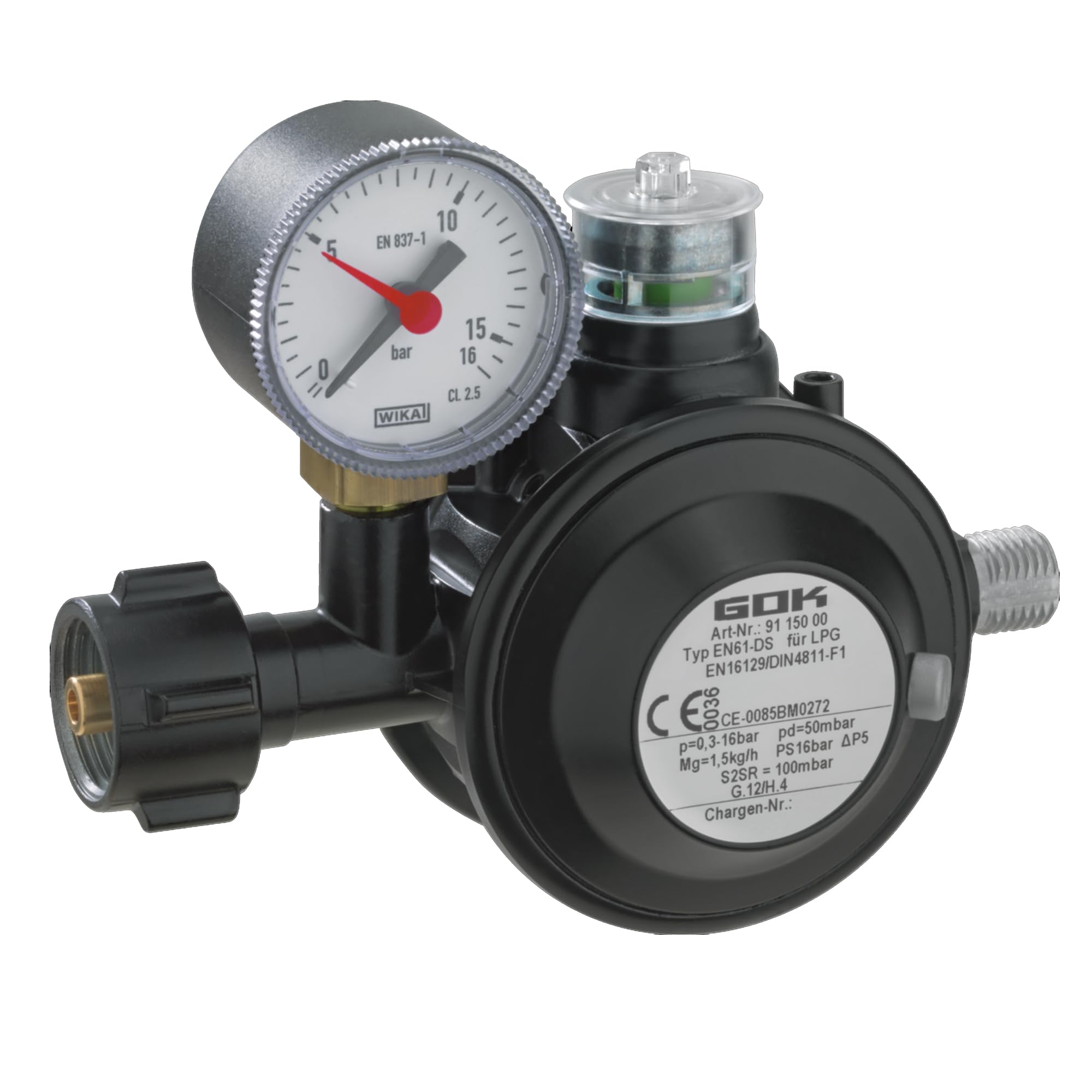 GOK Gasdruckregler EN61-DS PRO 1,5kg/h, schwarz, mit Manometer