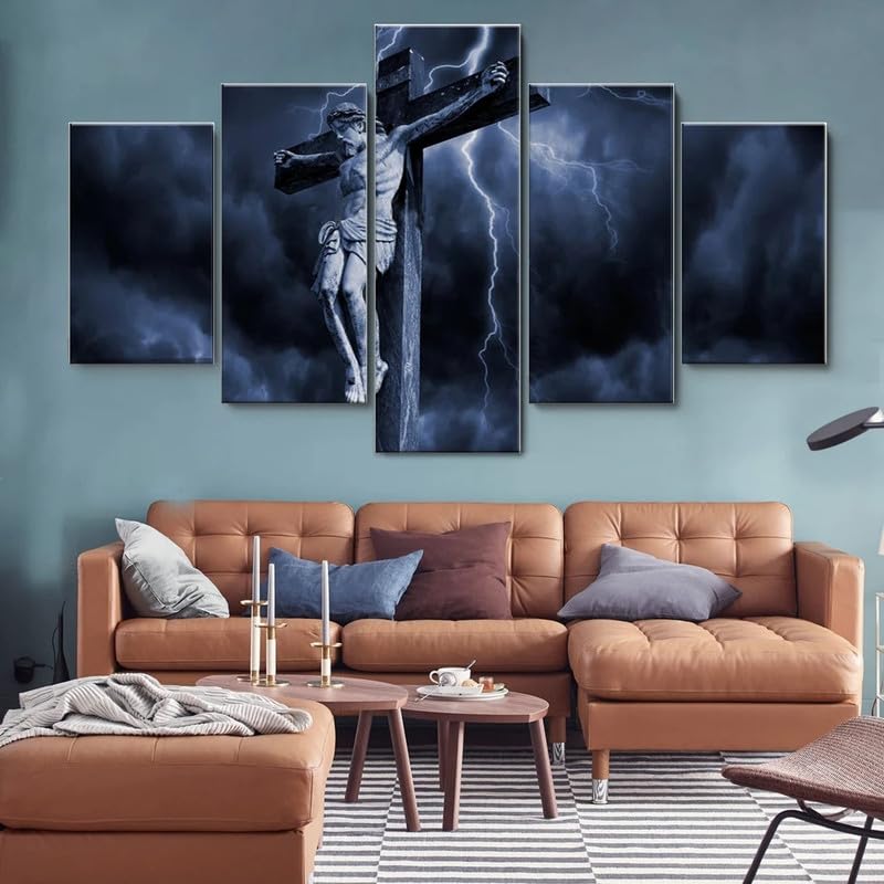 RAPSANI Mit Rahmen Leinwandbild 5 TLG Kunstdruck,Christus am Kreuz Beleuchtung Bilder auf Leinwand 5 TLG Vlies Wandbild,Leinwand Gemälde xxl,Tapete,Puzzle,leinwanddrucke,5 Stücke Bilder 125x60cm