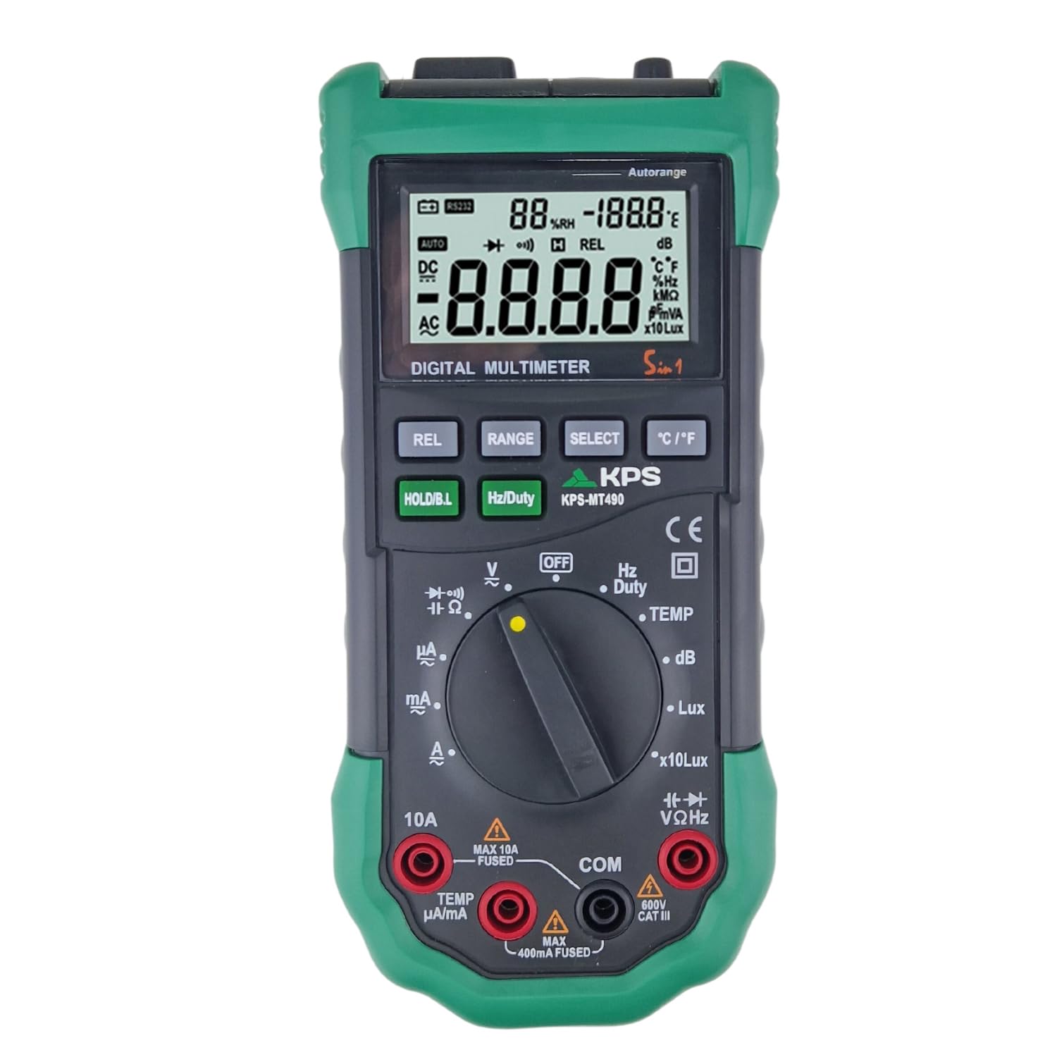 KPS-MT490 Multímetro Digital con medición de Temperatura Humedad Relativa Nivel Sonoro y Luminosidad - Tensión AC/DC 600V Corriente AC/DC 10A
