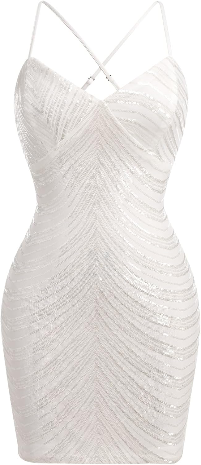 Women's Spaghetti Straps Sparkly Sequins Bodycon Mini Dress Party Nightclub - Image 6