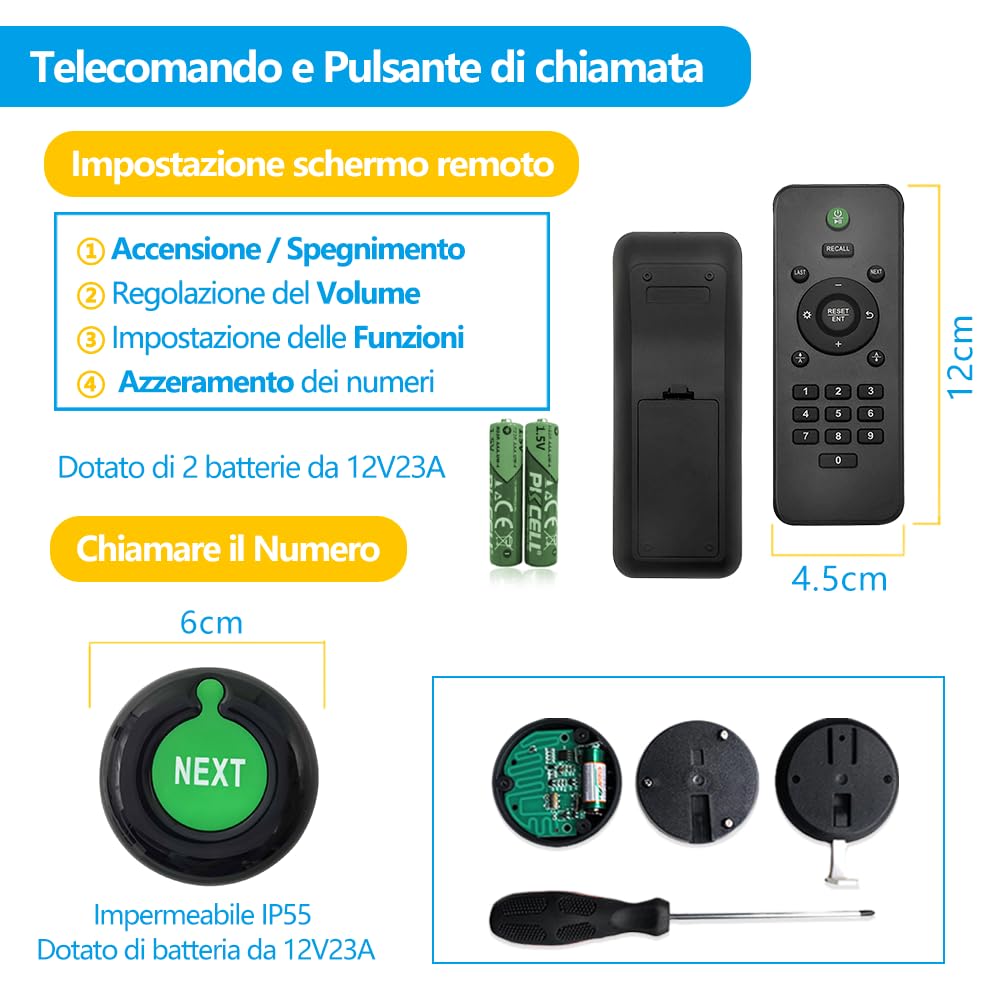 Eliminacode Digitale(Chiamata in Italiano) | Display Eliminacode Elettronico(N. cliente → N. sportello) + 3 Pulsanti di Chiamata (per Banco/Sportello)+ Telecomando | Kit Elimina code