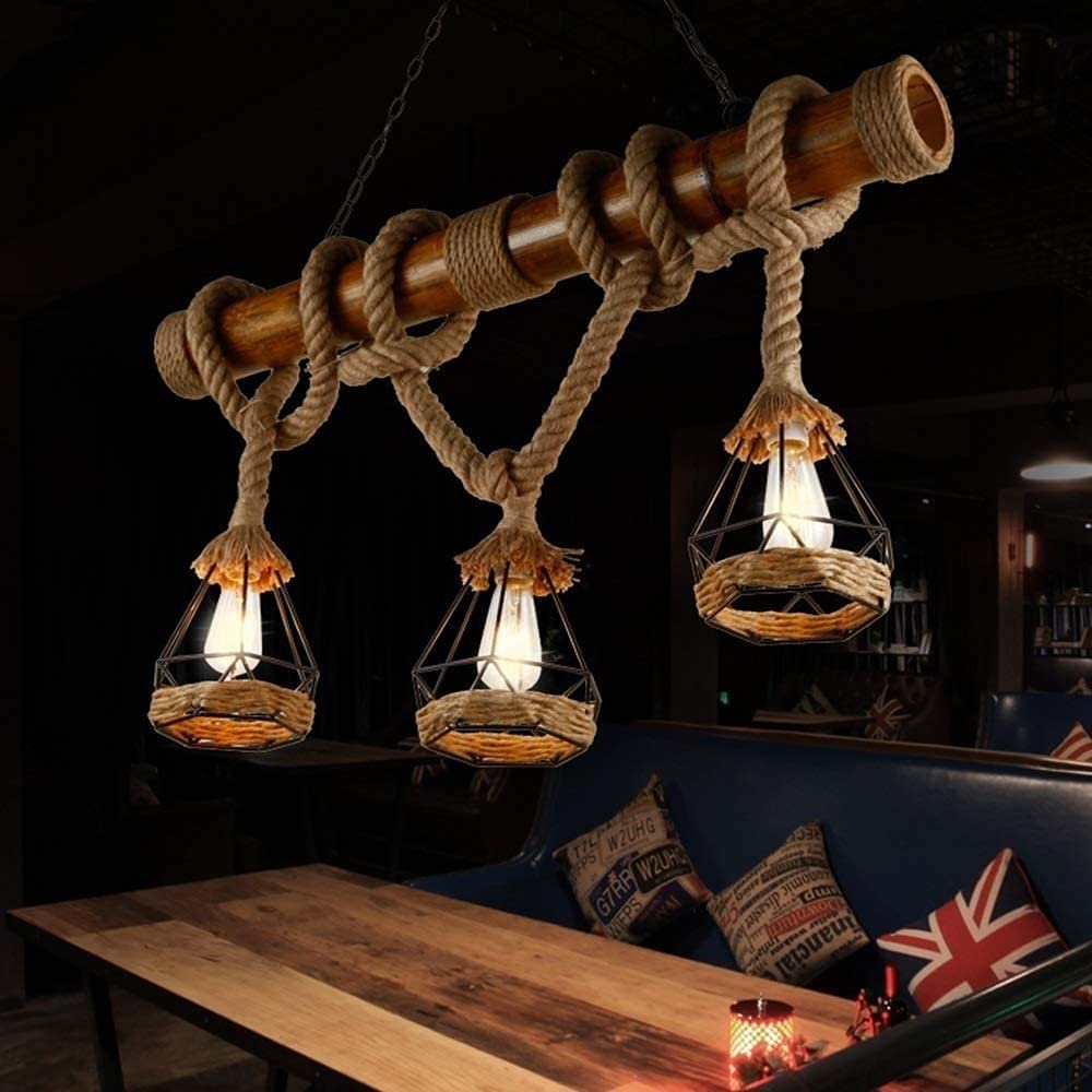 Lámpara de techo retro vintage Luces de cuerda Lámpara de araña Cuerda de cáñamo y tubo de bambú Lámpara colgante, 3X E27 Lámpara de araña de bambú vintage Lámpara de techo tejida a mano Iluminación