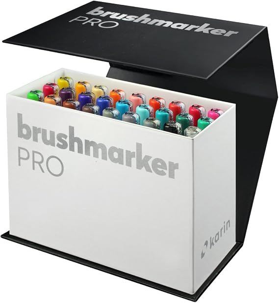 Karin Brushmarker Pro 27pc Mini Box Brush Tip Markers Set, Blendable, Water-Based, Professional Grade Brush Markers for Adults and Artists, 26 Colors and 1 Blender in Exclusive Storage Case