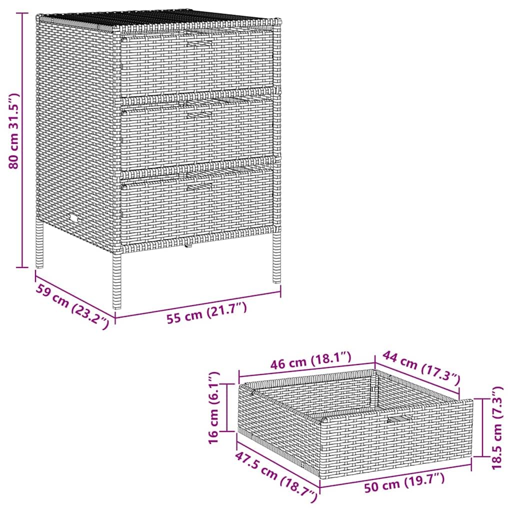 Gartenschrank Braun 55x59x80 cm Poly Rattan mit 3 Schubladen wetterfest stabil für Balkon Terrasse Outdoor, Stauraum für Kissen Auflagen Pool Zubehör und Gartenbox Organizer