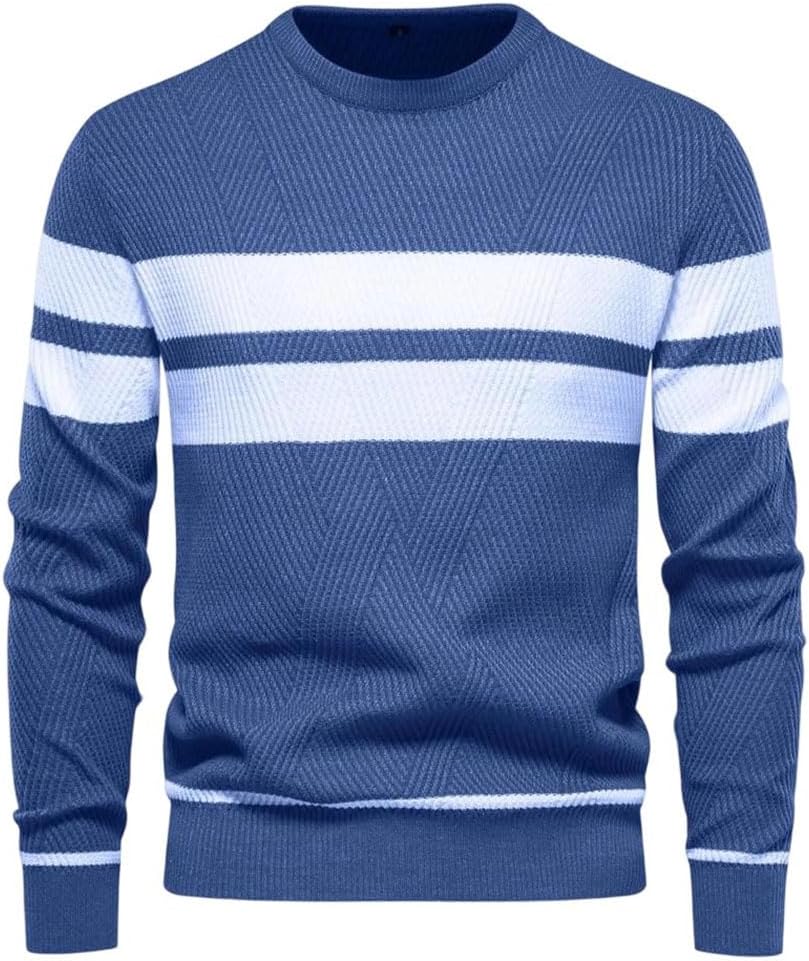 Men's Crew Neck Patchwork Long Sleeve Pullover Sweater Warm Slim Fit Casual Comfortable for Cool Weather Wear Knit Top