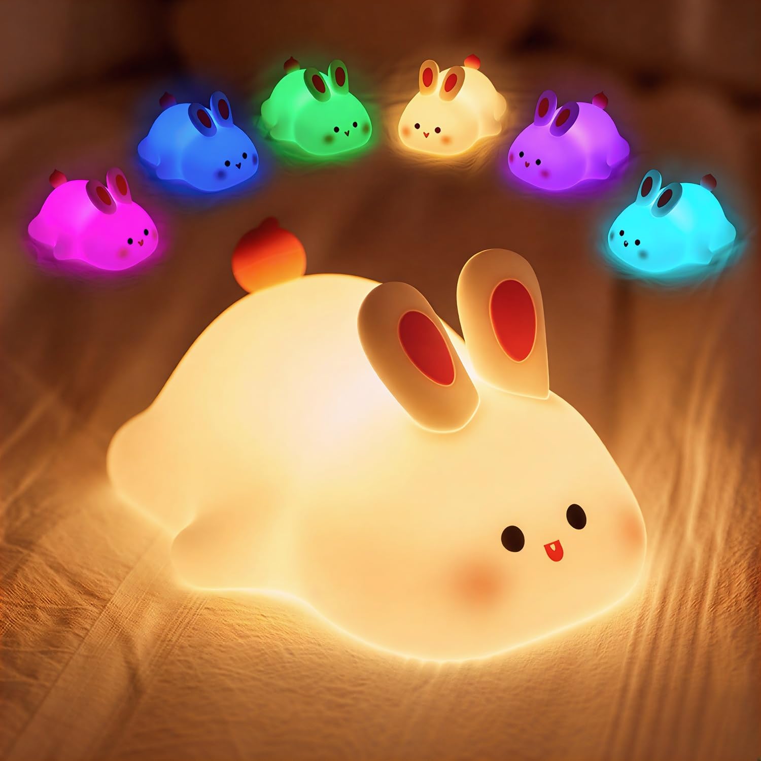 Desidiya Big Face Rabbit Night Light for Kids – Cute Silicone Bunny Lamp with 3 Brightness Modes, Rechargeable Battery, BPA-Free Soft Nightlight