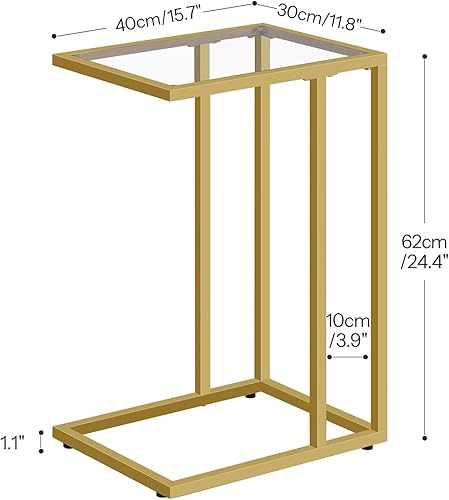 Miniatura 3 de HOOBRO Mesa auxiliar dorada en forma de C, mesa auxiliar para sofá, mesa de sofá para espacio pequeño con vidrio templado, marco de metal, estilo