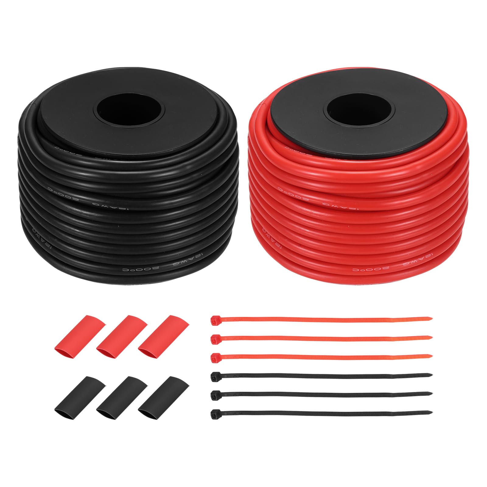 sourcing map 2pcs 12 AWG Silicone Electrical Wire Spool, 12 Gauge 15.2m/50ft Tinned Copper Electrical Wires with Heat Shrink Tubing & Cable Ties for Automotive, RV Inverter - Red & Black