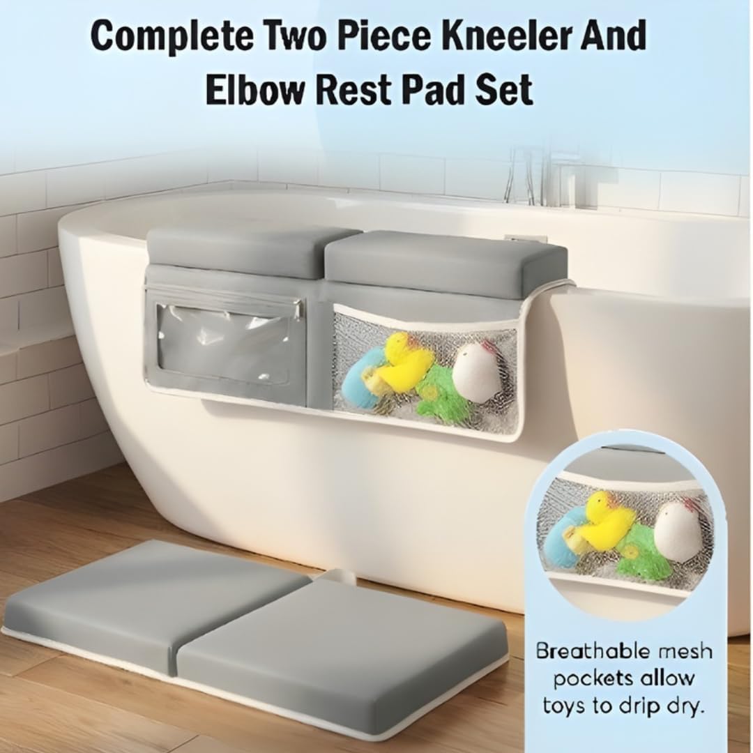 Bath Kneeler and Elbow Rest Pad Set, Kneeling Pad for Bathing Baby, Non Slip Foldable Kneeling Mat for Toddler, Bathtub Cushion Foam Kneeler Mat with Toy Organizer Pocket - Grey