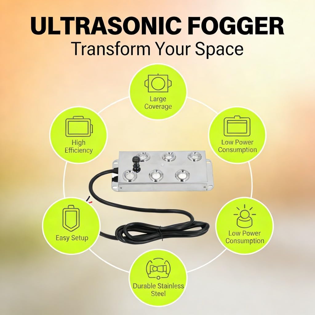Ultrasonic Water Pond Fountain Fogger, Stainless Steel 6 Heads, 1.5m Cable, Quiet Mist Maker DC45-48V - Durable IP67, Efficient Atomization for Garden and Landscape