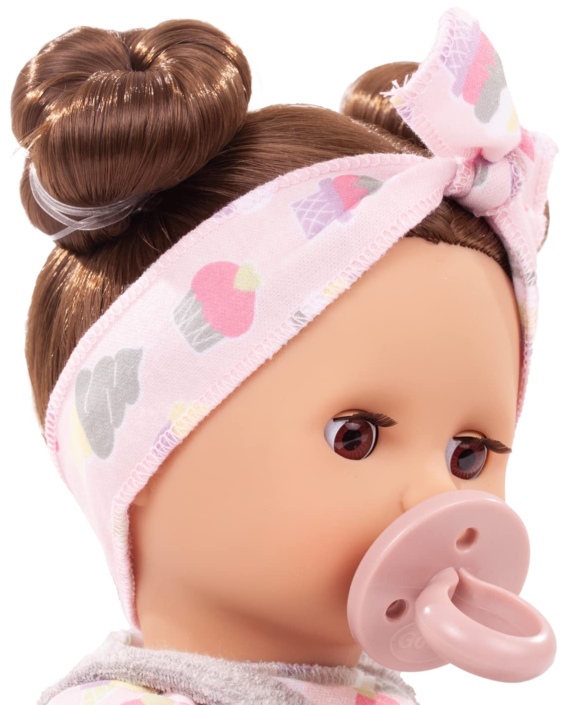 Götz 2320954 Muffin Popsicle bambola bebè 33 cm | 8 pezzi, capelli castani, corpo morbido, dai 3 anni, pettinabile, capelli lavabili, ciuccio, cardigan e fascia per capelli
