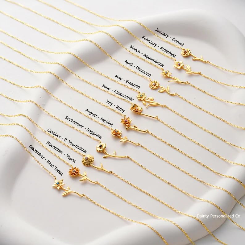 18K Gold Filled Birth Flower Necklace Women Dainty Horizontal Birth Month Flower Necklace Family Mothers Gifts2