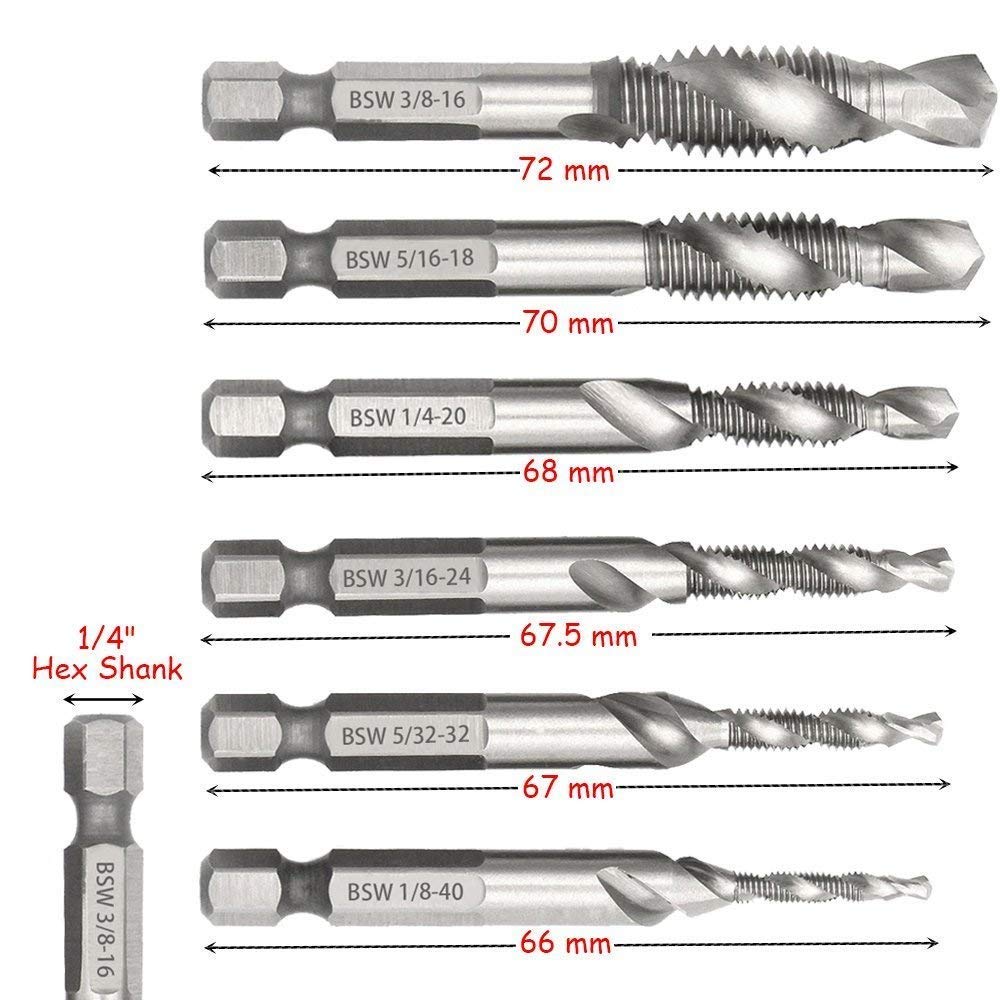 Yakamoz 6-Piece Drill Tap Combination Bit Set – HSS 4341, 1/4" Hex Shank, Deburr & Countersink, Sizes 1/8" To 3/8" (Imperial)