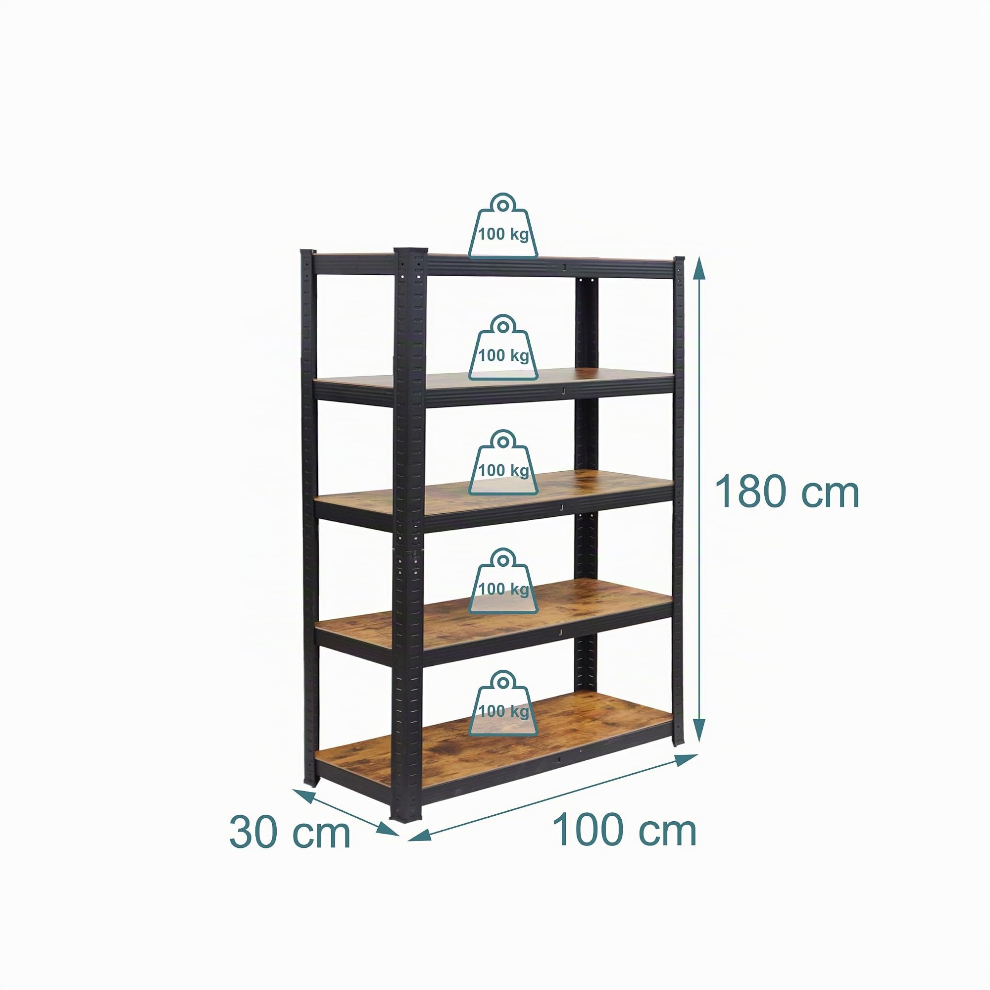 Relaxdays Étagère Charge Lourde, 500 kg, 180x100x30 cm, 5 Niveaux, Aspect Bois, Acier & MDF, Noir/Marron