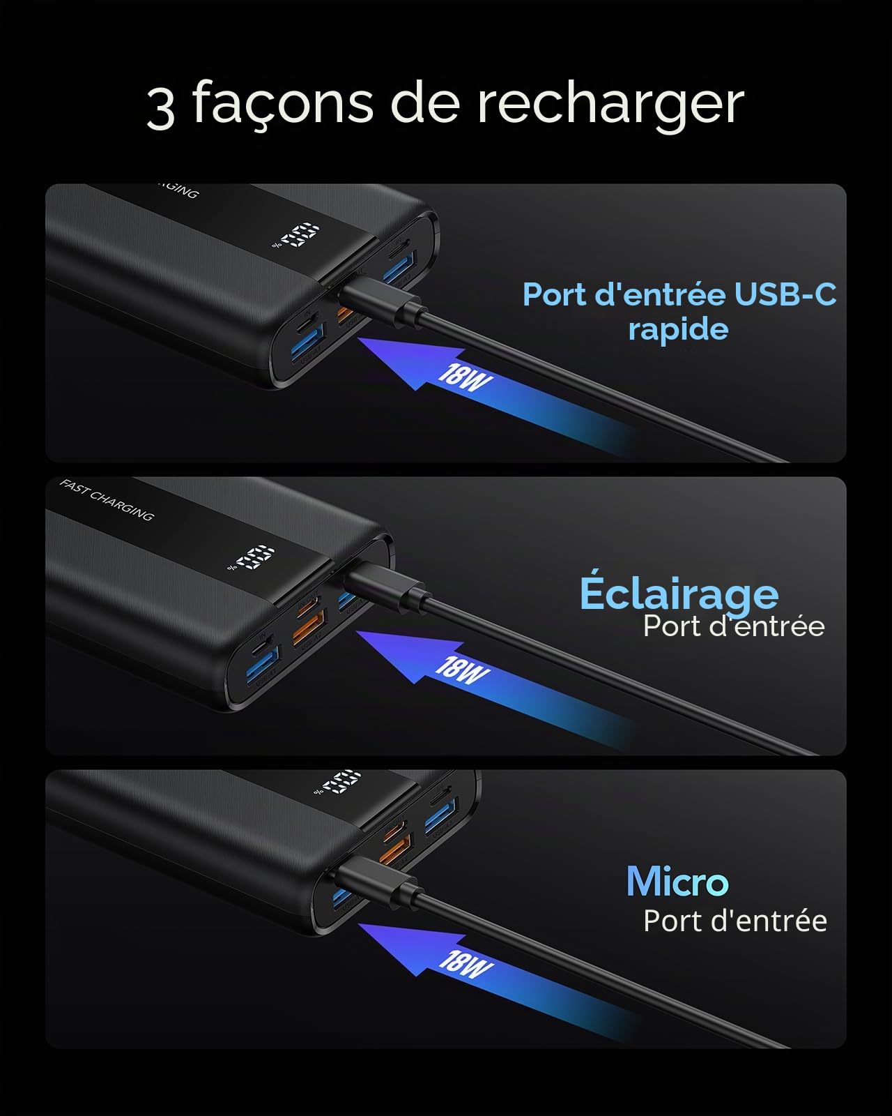 VRURC Batterie Externe 20000mAh USB C Mini Power Bank Charge Rapide 22.5W Batterie Portable avec 3 Ports USB Sortie et LED Display pour iPhone,Huawei,Xiaomi etc