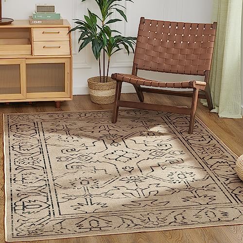 jinchan Area Rug 5x7 Recycled Boho Chic Jute Rug Indoor Outdoor Floor Cover Print Floral Rug Black Accent Rug for Living Room Bedroom Dining Room Pati
