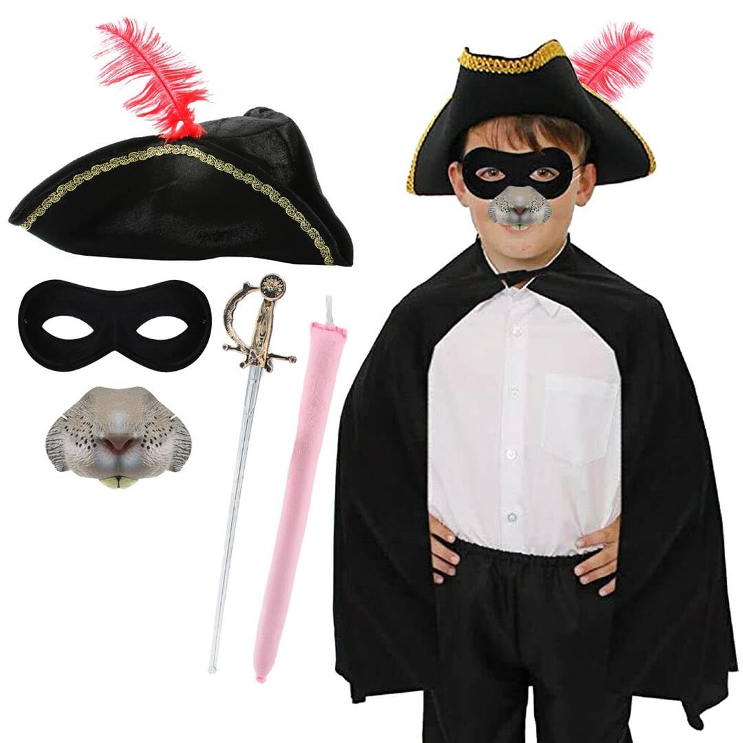 Childs Highway Rat Costume Accessory Set - Black Tricorn Hat with Red Feather, Black Cape, Eye Mask, Mouse Nose, Toy Sword and Pink Tail - Kids Storybook Character Fancy Dress for World Book Day